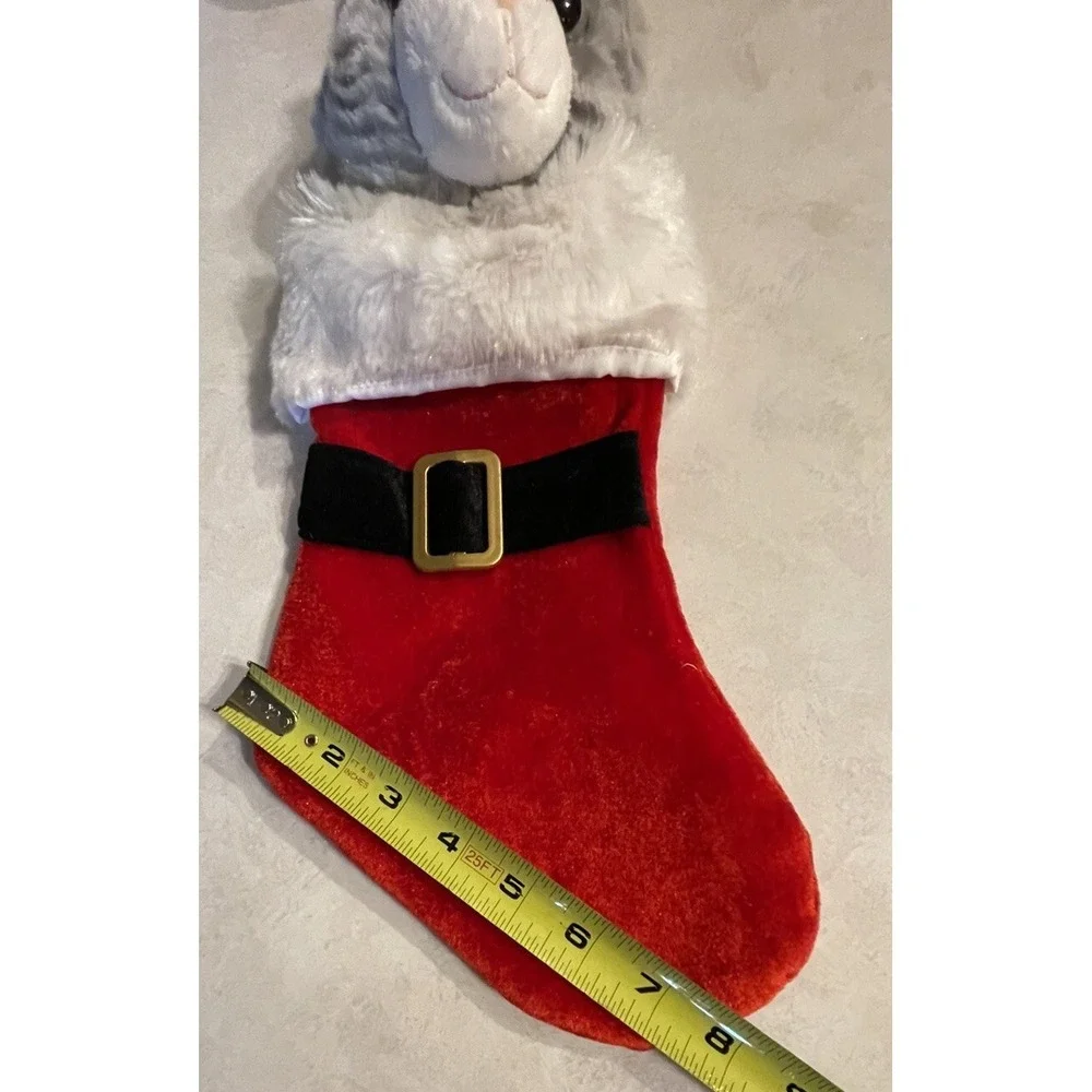 Vintage Plush Cat Christmas Stocking Black Santa Belt